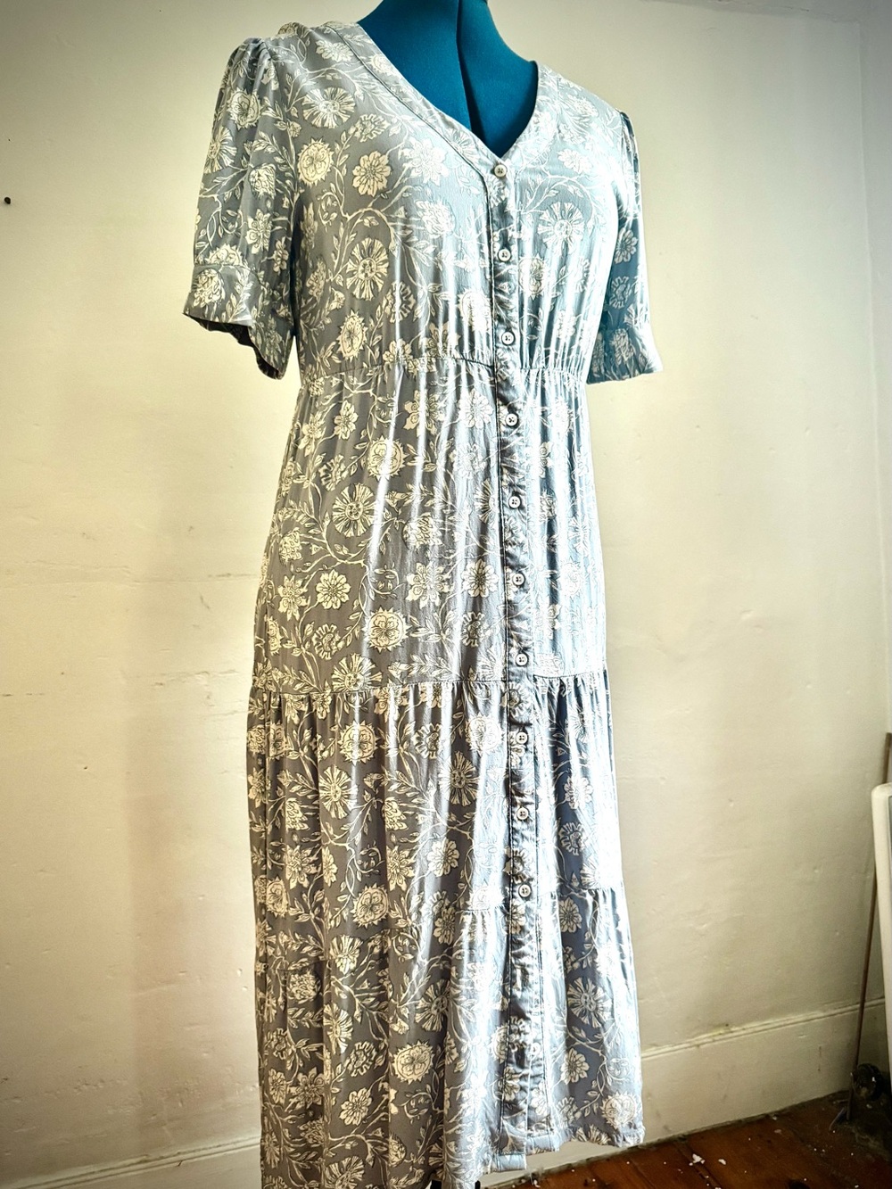 Casa Cabana Light Blue Floral Button-Front Tiered Midi Prairie Dress